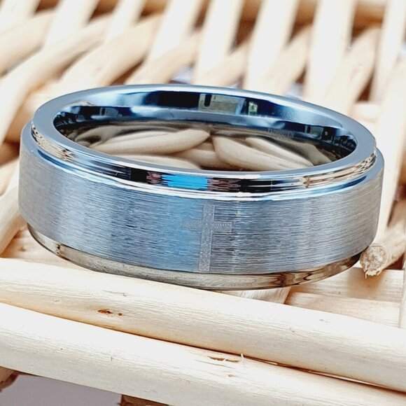 "Cristian Cross Silver Tungsten Wedding Band, GALTUN044